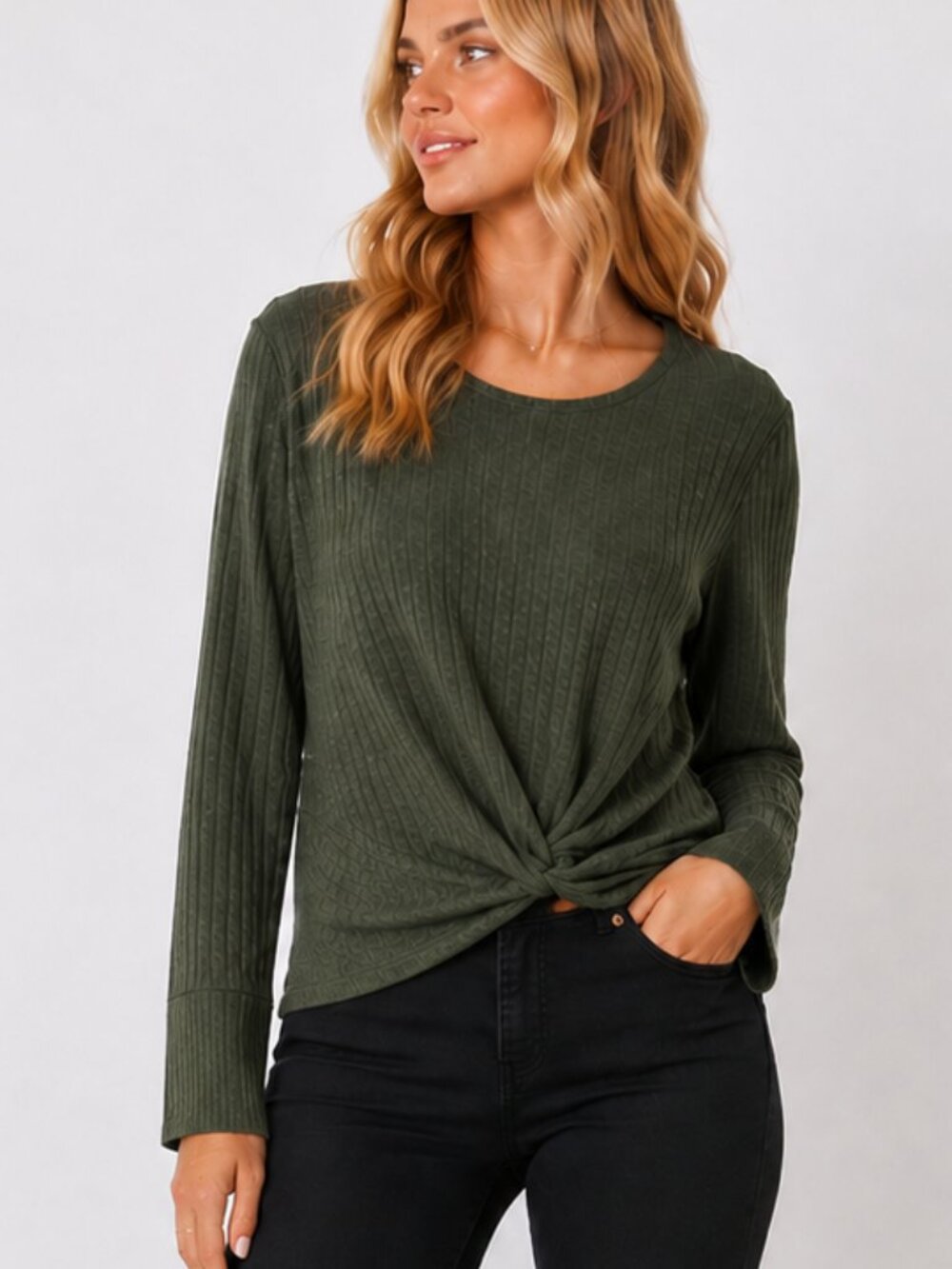 NIC+ZOE Ribbed Twist Front Olive Green Crew Neck Long Sleeve Knit Top M EUC